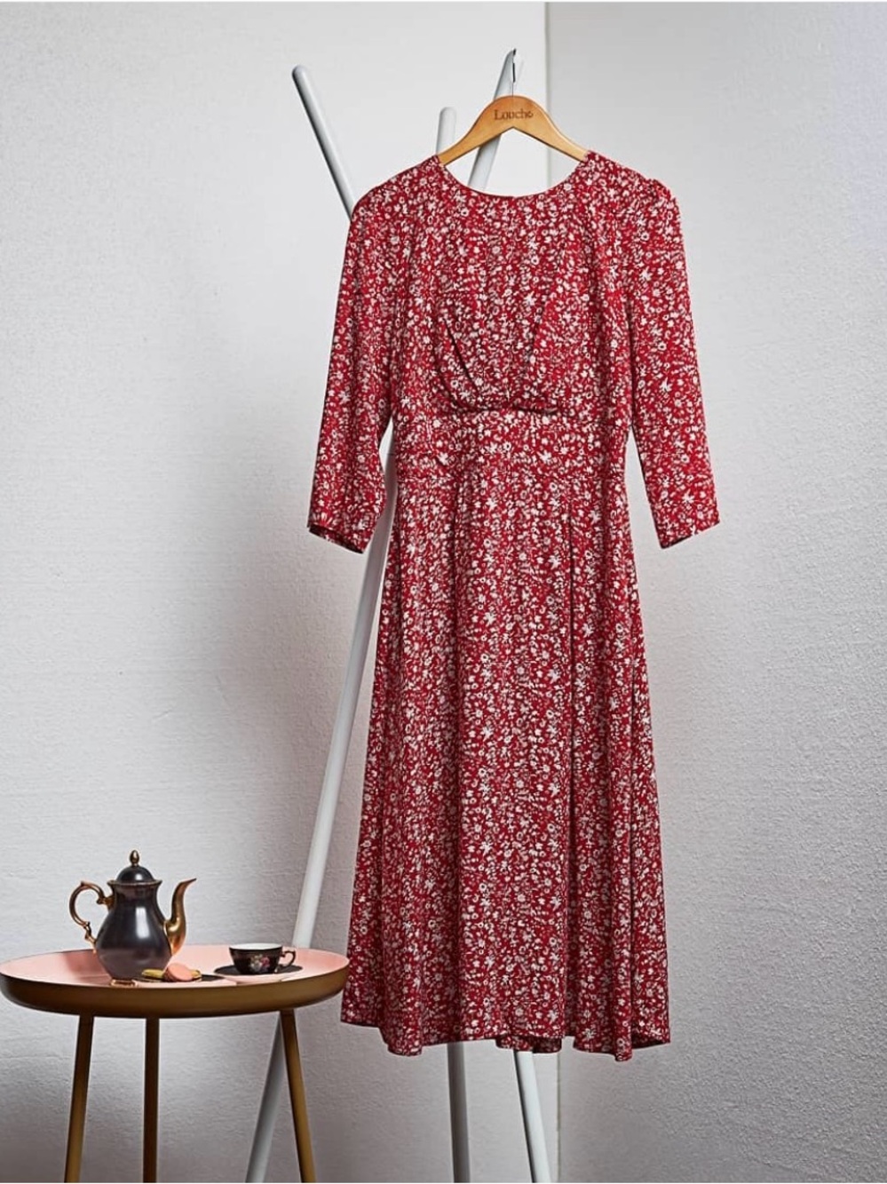 Louche London Red Floral Midi Tea Dress with Cap Sleeves